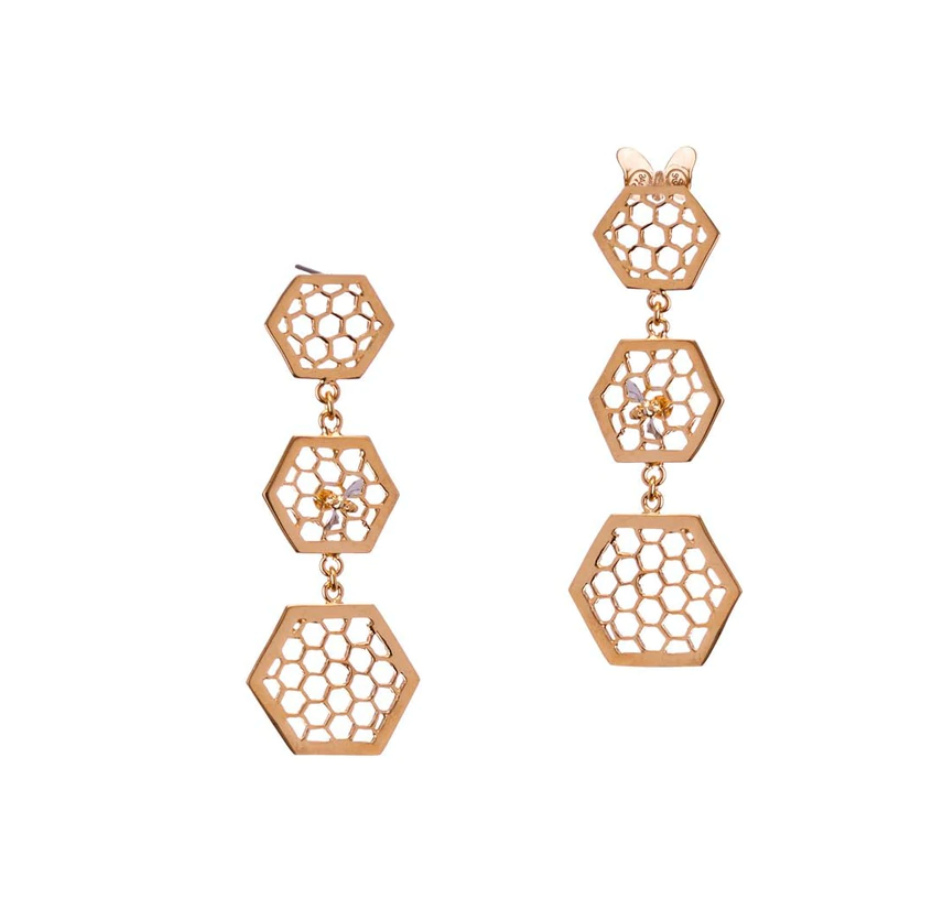 ELENA - Aretes 3 Hexágonos con Abeja